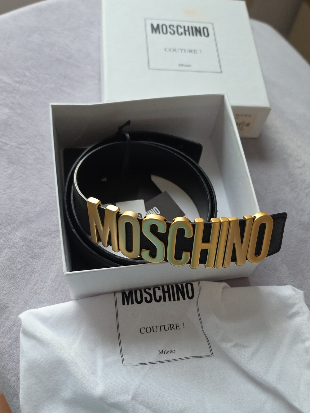 Moschino Black Leather Belt with Gold MOSCHINO Lettering